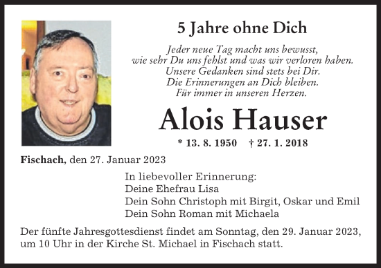 Traueranzeige von Alois Hauser von Augsburg-Land