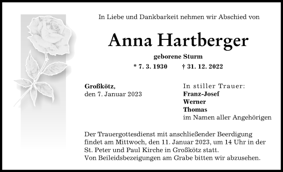Traueranzeige von Anna Hartberger von Günzburger Zeitung