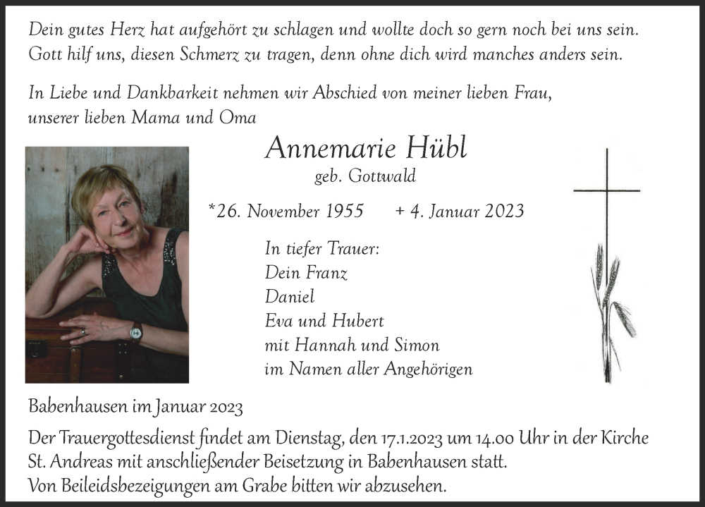  Traueranzeige für Annemarie Hübl vom 14.01.2023 aus Illertisser Zeitung