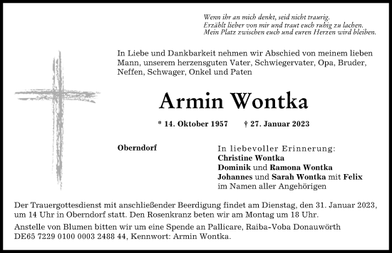 Traueranzeige von Armin Wontka von Donauwörther Zeitung