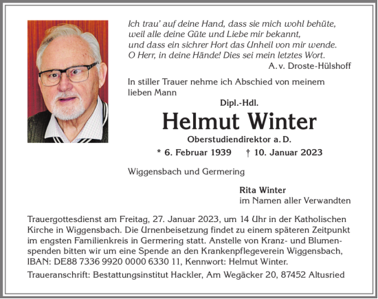 Traueranzeige von Helmut Winter von Allgäuer Zeitung,Kempten