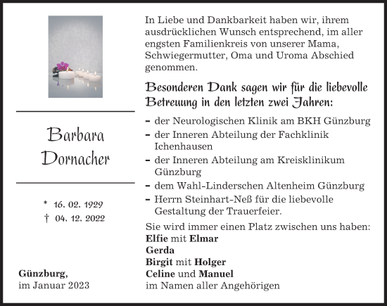 Traueranzeige von Barbara Dornacher von Günzburger Zeitung