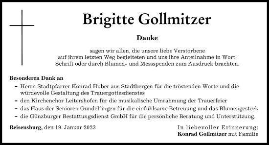 Traueranzeige von Brigitte Gollmitzer von Günzburger Zeitung