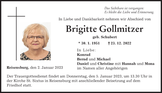 Traueranzeige von Brigitte Gollmitzer von Günzburger Zeitung