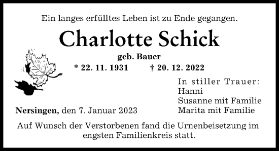Traueranzeige von Charlotte Schick von Neu-Ulmer Zeitung