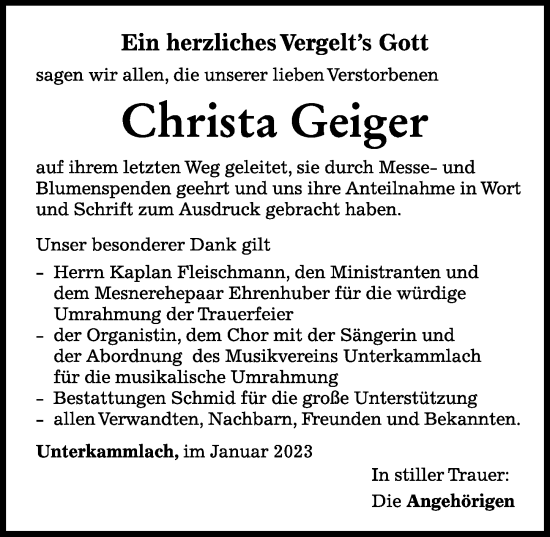 Traueranzeige von Christa Geiger von Mindelheimer Zeitung