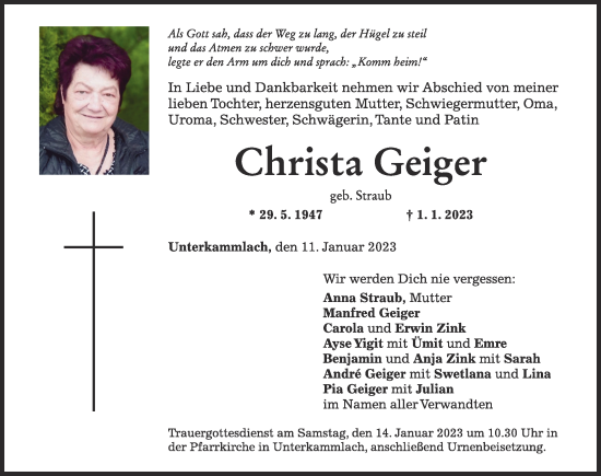 Traueranzeige von Christa Geiger von Mindelheimer Zeitung