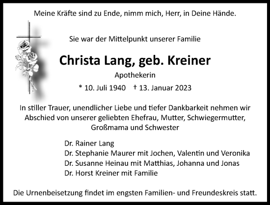 Traueranzeige von Christa Lang von Ammersee Kurier