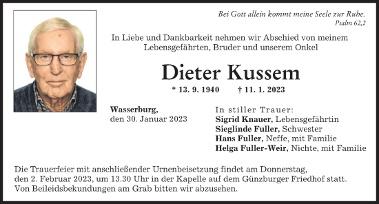 Traueranzeige von Dieter Kussem von Günzburger Zeitung