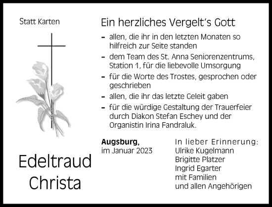 Traueranzeige von Edeltraud Christa von Augsburger Allgemeine, Wertinger Zeitung, Augsburg-Land