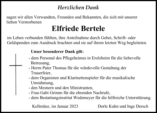 Traueranzeige von Elfriede Bertele von Illertisser Zeitung