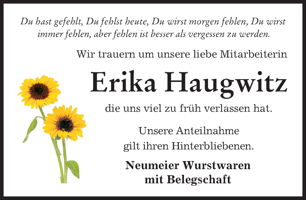  Traueranzeige für Erika Haugwitz vom 28.01.2023 aus Friedberger Allgemeine