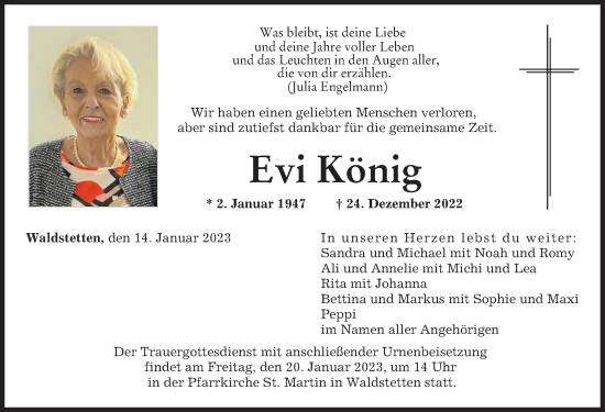 Traueranzeige von Evi König von Mindelheimer Zeitung, Günzburger Zeitung