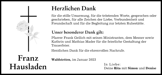 Traueranzeige von Franz Hausladen von Mittelschwäbische Nachrichten, Günzburger Zeitung
