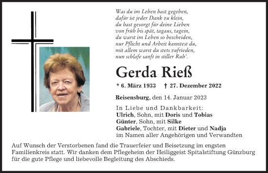 Traueranzeige von Gerda Rieß von Günzburger Zeitung