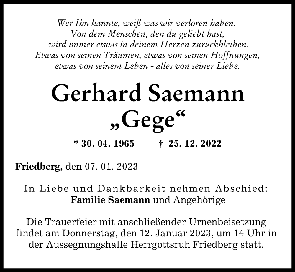  Traueranzeige für Gerhard Saemann vom 07.01.2023 aus Friedberger Allgemeine