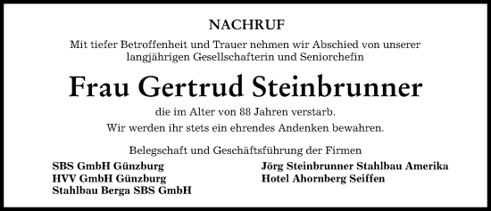 Traueranzeige von Gertrud Steinbrunner von Günzburger Zeitung