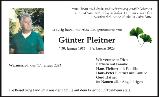 Traueranzeige von Günter Pleitner von Mindelheimer Zeitung