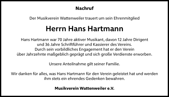 Traueranzeige von Hans Hartmann von Mittelschwäbische Nachrichten