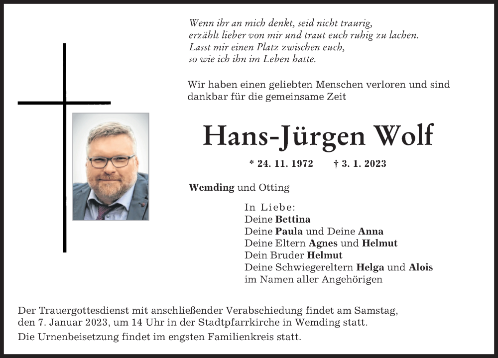  Traueranzeige für Hans-Jürgen Wolf vom 05.01.2023 aus Donauwörther Zeitung
