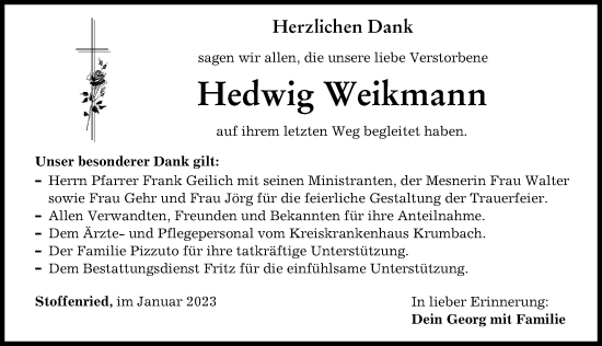 Traueranzeige von Hedwig Weikmann von Mittelschwäbische Nachrichten, Günzburger Zeitung