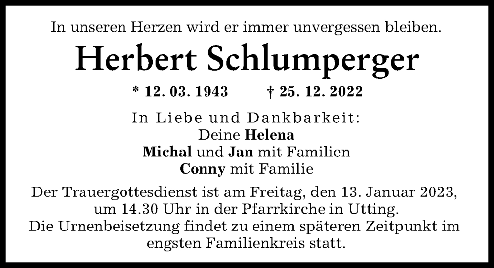 Traueranzeige für Herbert Schlumperger vom 07.01.2023 aus Landsberger Tagblatt