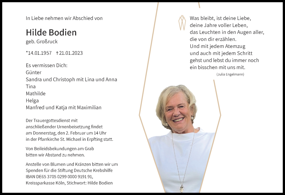  Traueranzeige für Hilde Bodien vom 28.01.2023 aus Landsberger Tagblatt