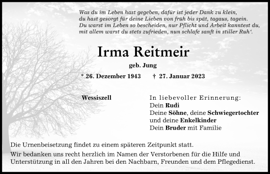 Traueranzeige von Irma Reitmeir von Friedberger Allgemeine