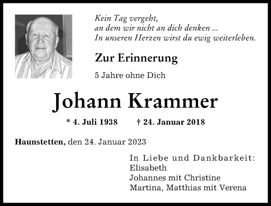 Traueranzeige von Johann Krammer von Augsburger Allgemeine