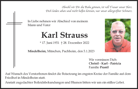 Traueranzeige von Karl Strauss von Mindelheimer Zeitung