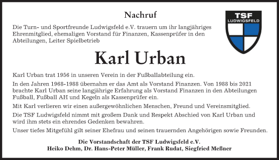 Traueranzeige von Karl Urban von Neu-Ulmer Zeitung