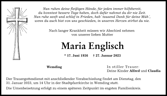 Traueranzeige von Maria Englisch von Donauwörther Zeitung
