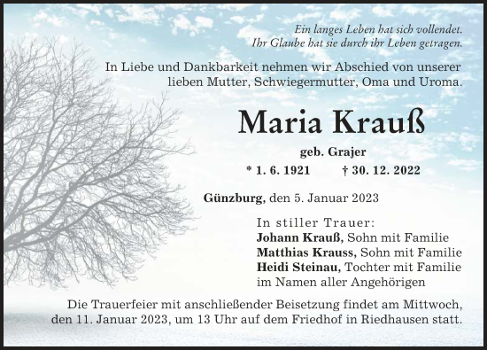 Traueranzeige von Maria Krauß von Günzburger Zeitung