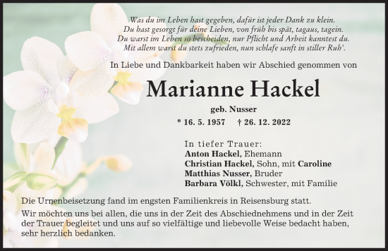 Traueranzeige von Marianne Hackel von Günzburger Zeitung