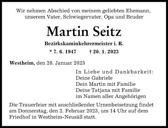 Traueranzeige von Martin Seitz von Augsburger Allgemeine