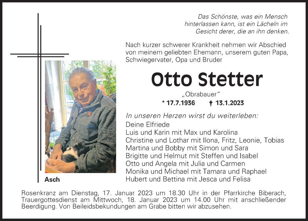  Traueranzeige für Otto Stetter vom 16.01.2023 aus Illertisser Zeitung, Neu-Ulmer Zeitung
