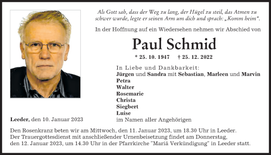 Traueranzeige von Paul Schmid von Landsberger Tagblatt