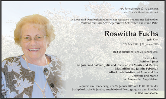 Traueranzeige von Roswitha Fuchs von Mindelheimer Zeitung