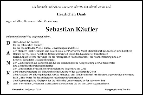 Traueranzeige von Sebastian Käufler von Mindelheimer Zeitung