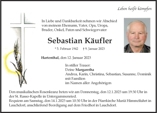 Traueranzeige von Sebastian Käufler von Mindelheimer Zeitung