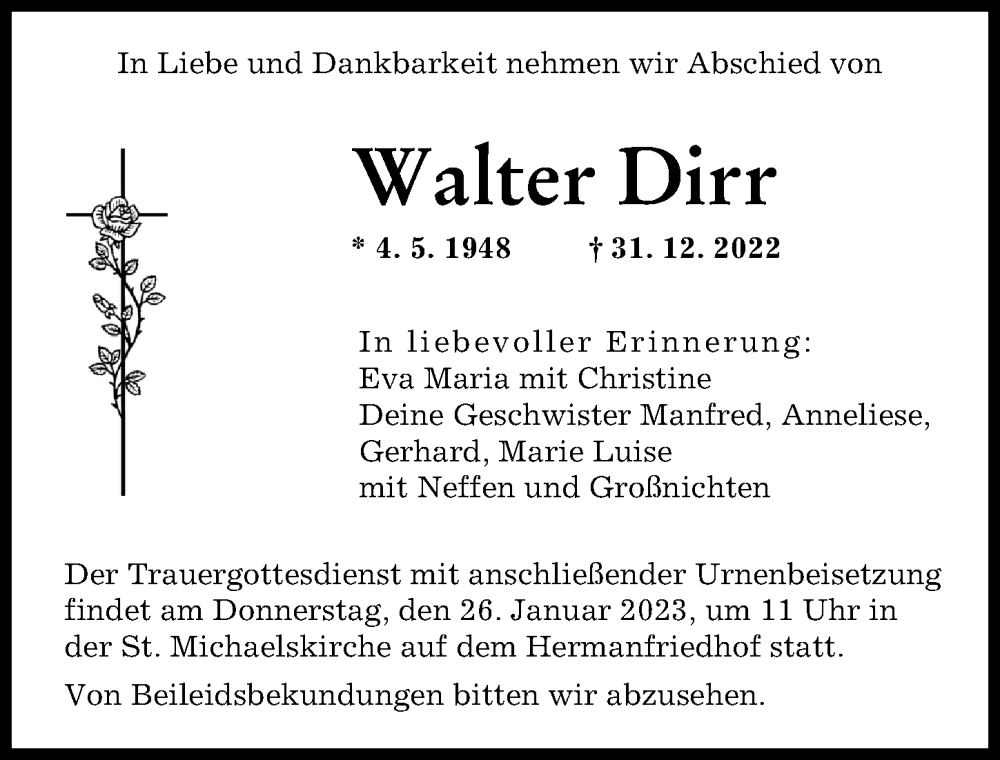  Traueranzeige für Walter Dirr vom 21.01.2023 aus Augsburger Allgemeine