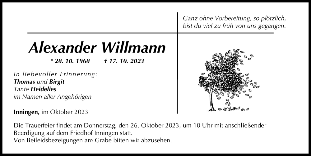  Traueranzeige für Alexander Willmann vom 21.10.2023 aus Augsburger Allgemeine