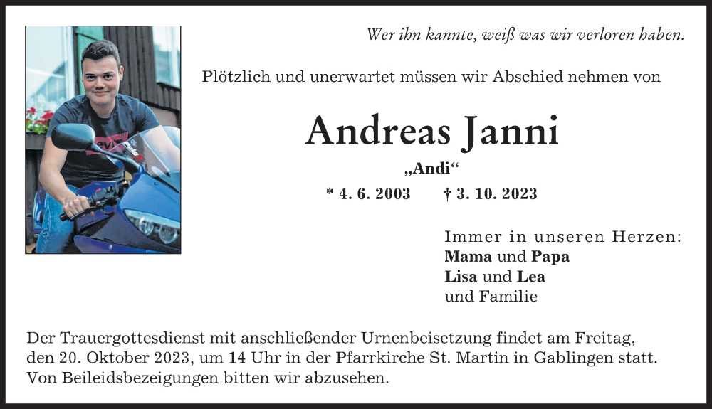  Traueranzeige für Andreas Janni vom 14.10.2023 aus Augsburg-Land