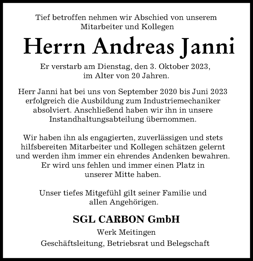  Traueranzeige für Andreas Janni vom 21.10.2023 aus Augsburger Allgemeine