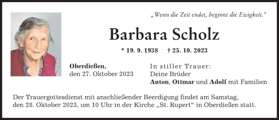Traueranzeige von Barbara Scholz von Landsberger Tagblatt, Augsburger Allgemeine