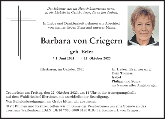 Traueranzeige von Barbara von Criegern von Augsburger Allgemeine, Illertisser Zeitung