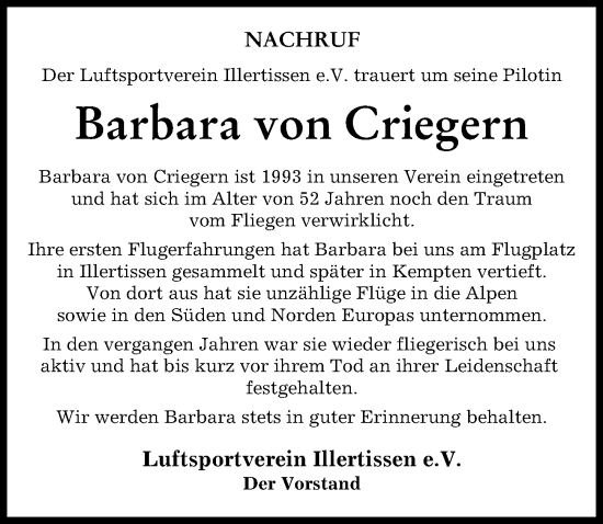 Traueranzeige von Barbara von Criegern von Illertisser Zeitung
