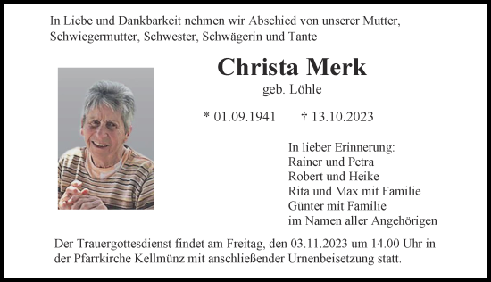 Traueranzeige von Christa Merk von Illertisser Zeitung