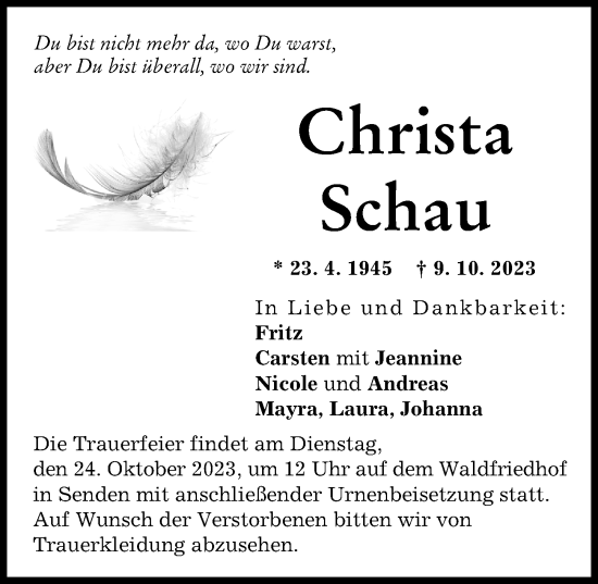 Traueranzeige von Christa Schau von Augsburger Allgemeine, Neu-Ulmer Zeitung