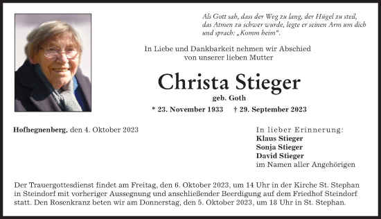 Traueranzeige von Christa Stieger von Friedberger Allgemeine